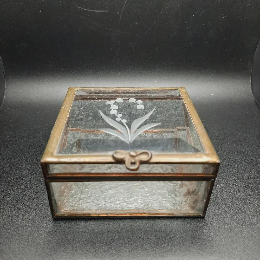 VTG The Glass Haus Handcrafted Brass Etched Glass Trinket Box Lily Of The Valley